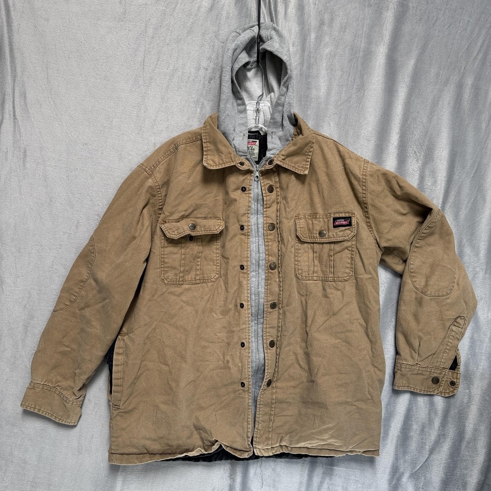 Dickies Jacket Mens‎ Large Brown Hooded Canvas Work Coat Quilted Lined Warm